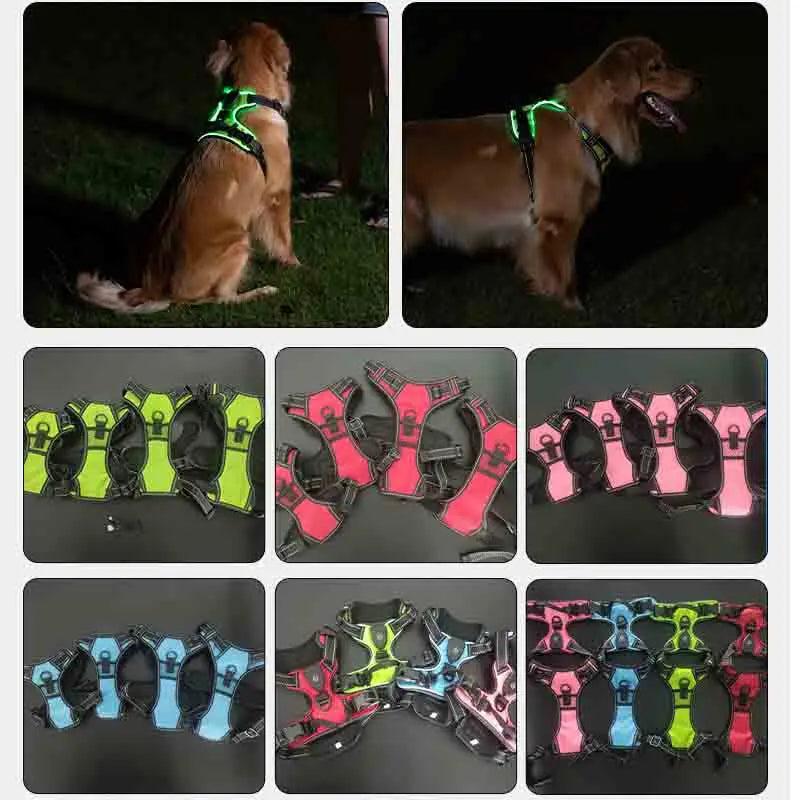 Adjustable Dog Harness Vest Glowing Soft Breathable Led Light Up Dog Harness Pet Harness Leash For Small Medium Large Dogs